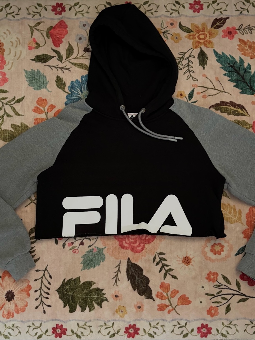 Fila Black Cropped Hoodie with Gray Raglan Sleeves